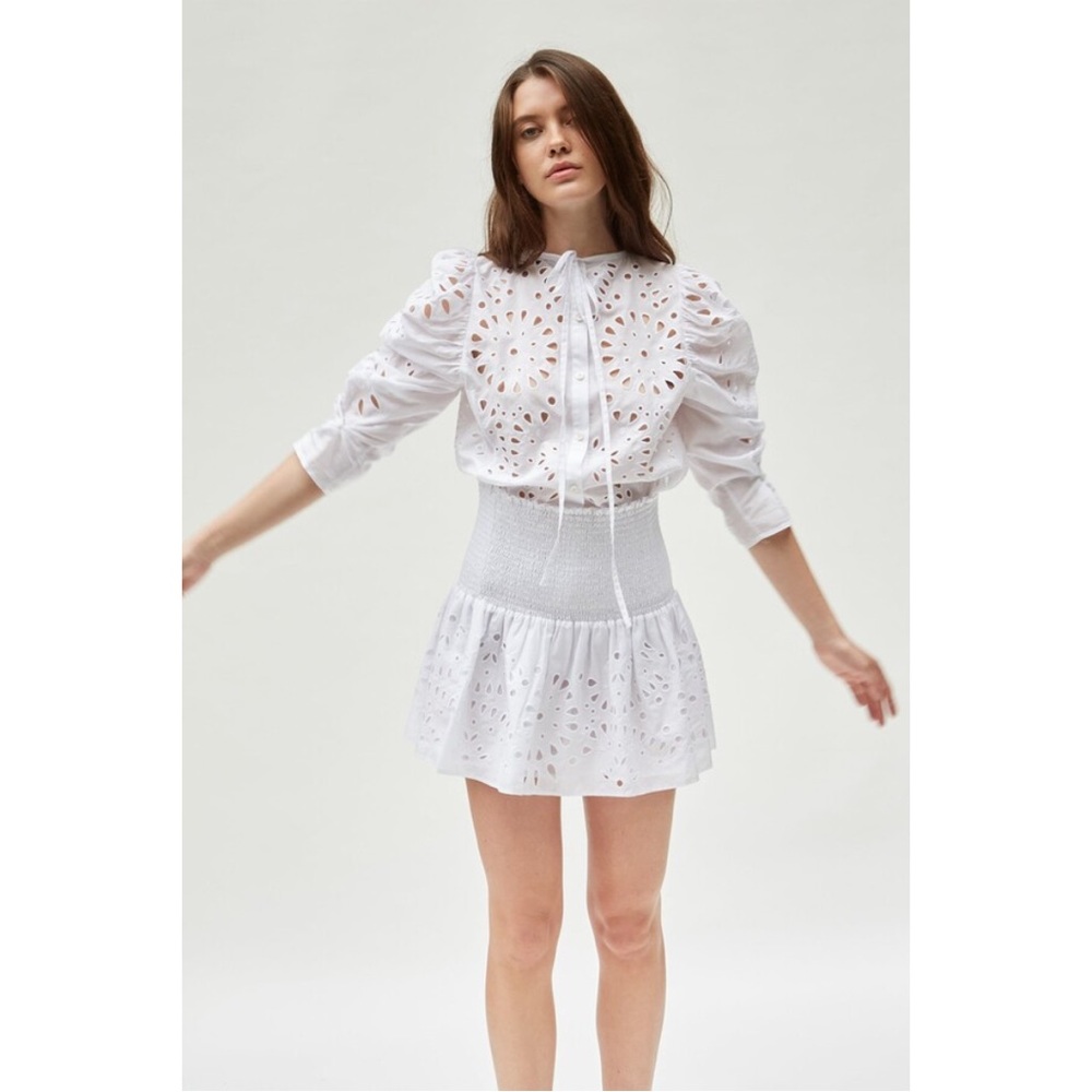 NWT Thakoon Long Puff Sleeve Eyelet Embroidered Silk Cotton Blouse Top Yellow 10 - Picture 6 of 10